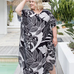    plus-size-maxi-kaftan-black-white-leaf-print