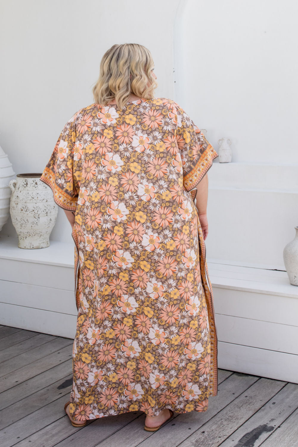    plus-size-maxi-kaftan-dress-resort-style-peach-earth-tones-floral-border-design