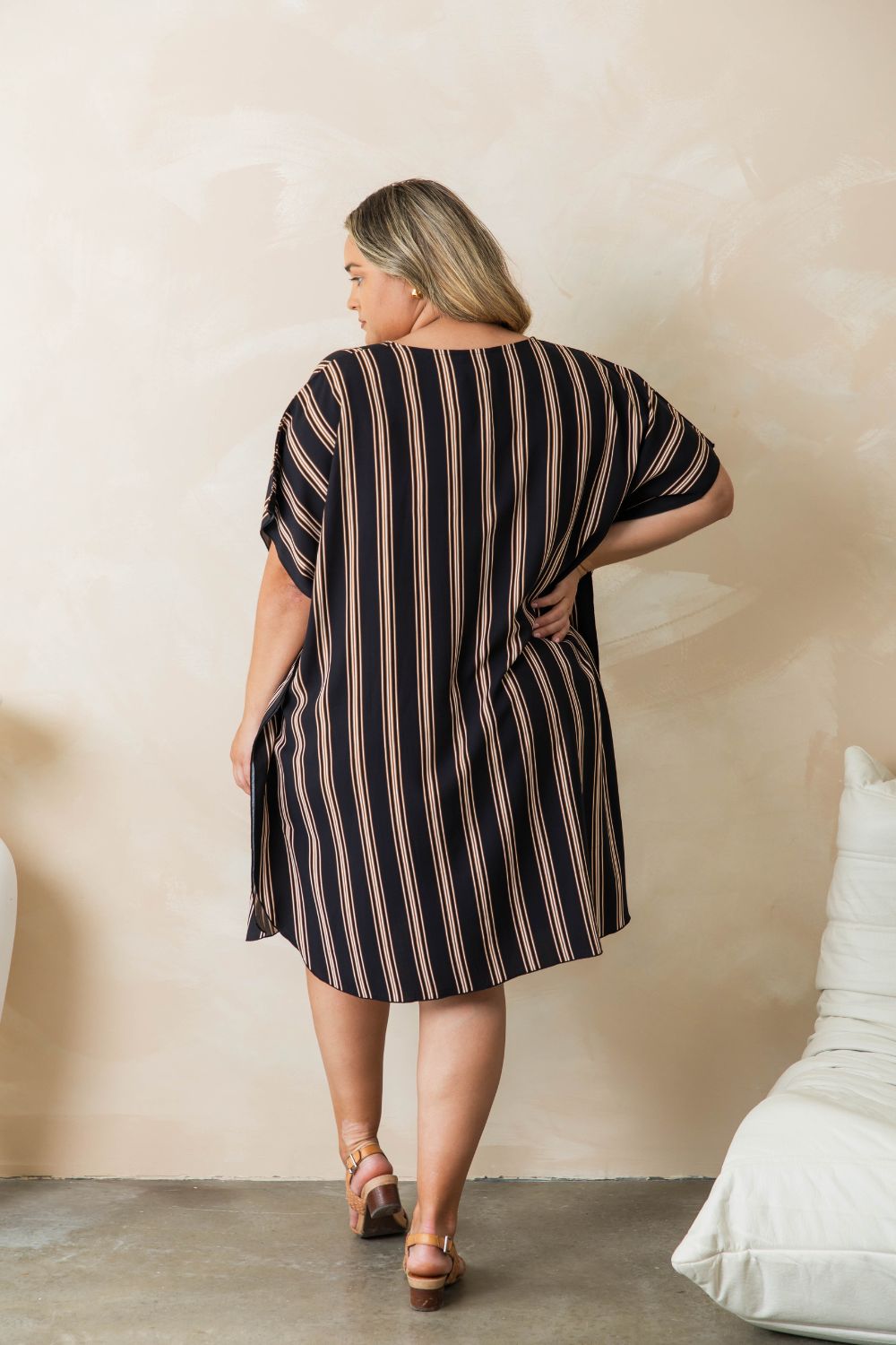 plus-size-short-summer-dress-stripe-black-cream-nutmeg-resort-style