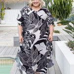    plus-size-summer-kaftan-dress-black-white-leaf-design