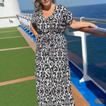 Woman-wearing-the-Sorrento-long-summer-dress-in-black-and-white-whilst-on-Carnival-cruise-of-Queensland-coast