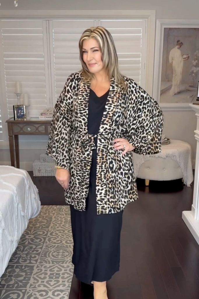 Outfit set of Black Maxi Dress with Leopard Jacket layered over by Regina