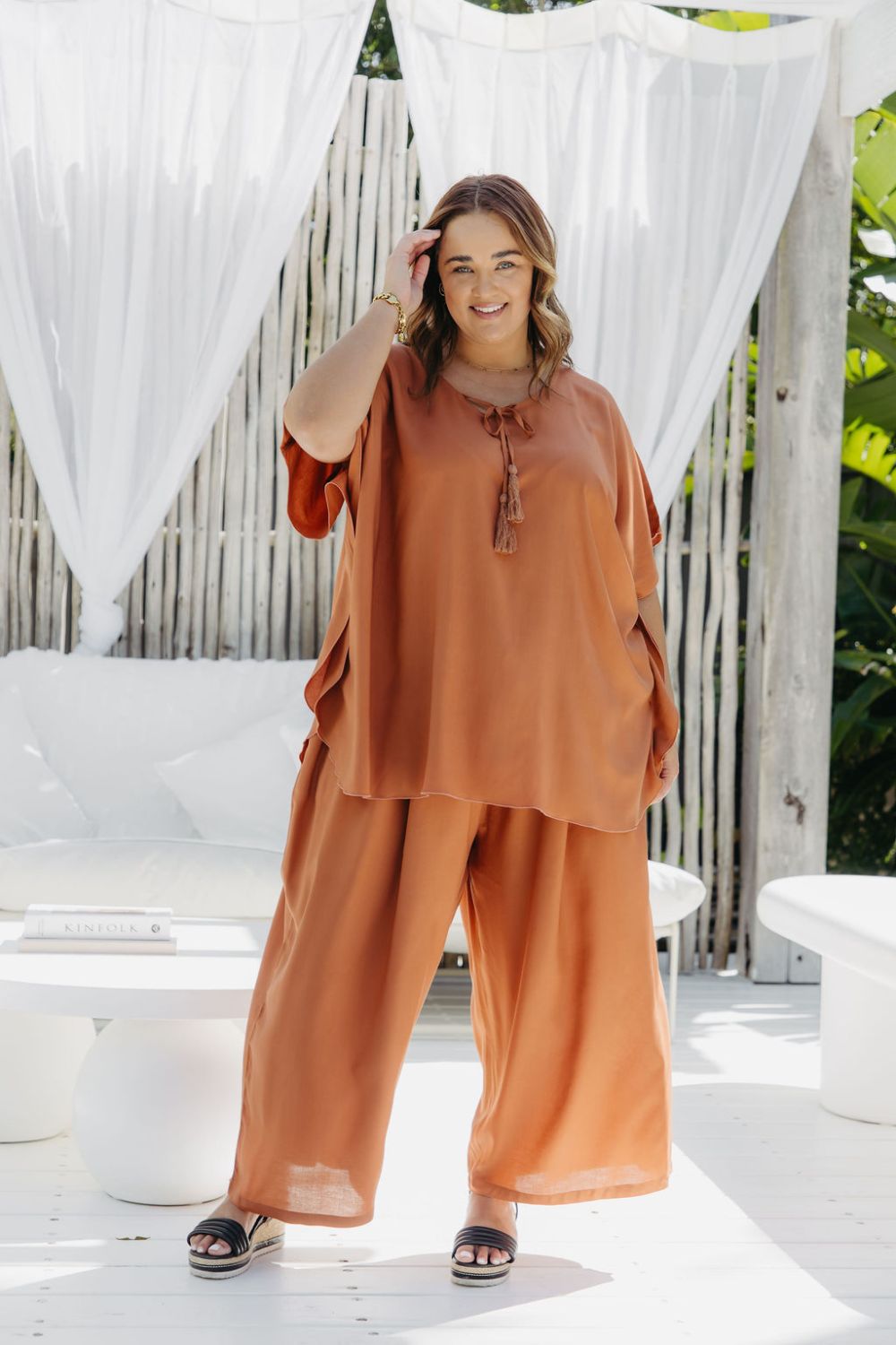 Kate wearing the Mocha Mousse Resort Kaftan Set size XL – front view showing kaftan top and matching wide-leg pants