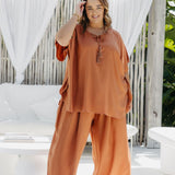 Kate wearing the Mocha Mousse Resort Kaftan Set size XL – front view showing kaftan top and matching wide-leg pants