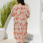 Back view of Shell Maxi Kaftan in Pomegranate and Floral White