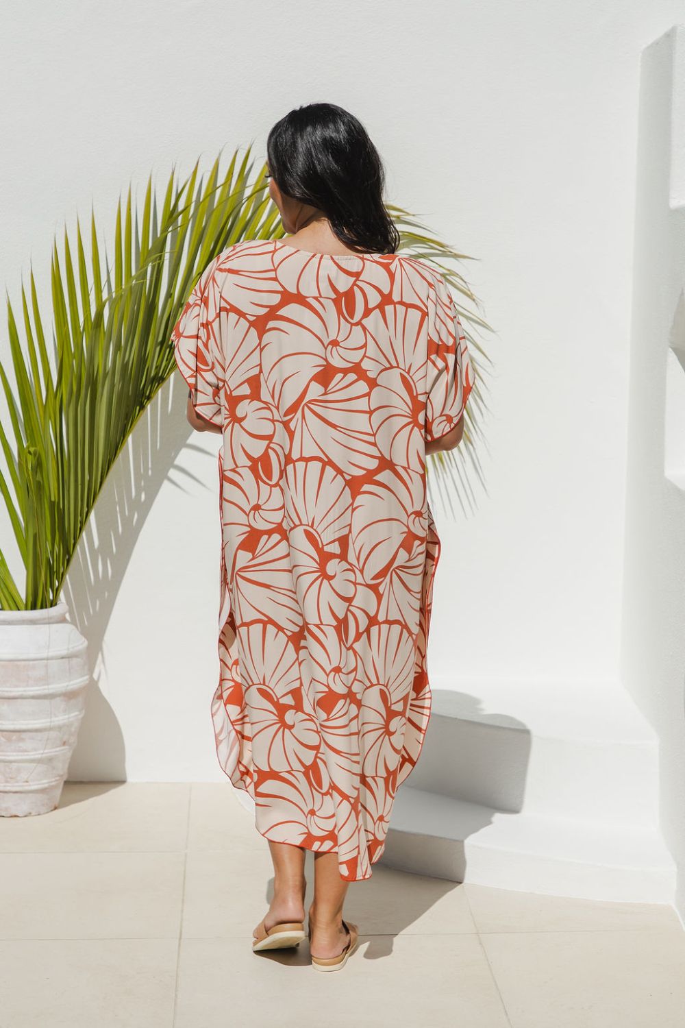 Back view of Shell Maxi Kaftan in Pomegranate and Floral White