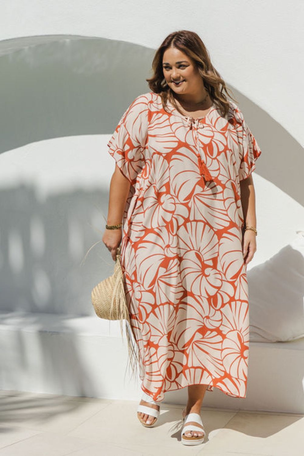 Curvy model styling Shell Maxi Kaftan in Pomegranate for a relaxed resort look