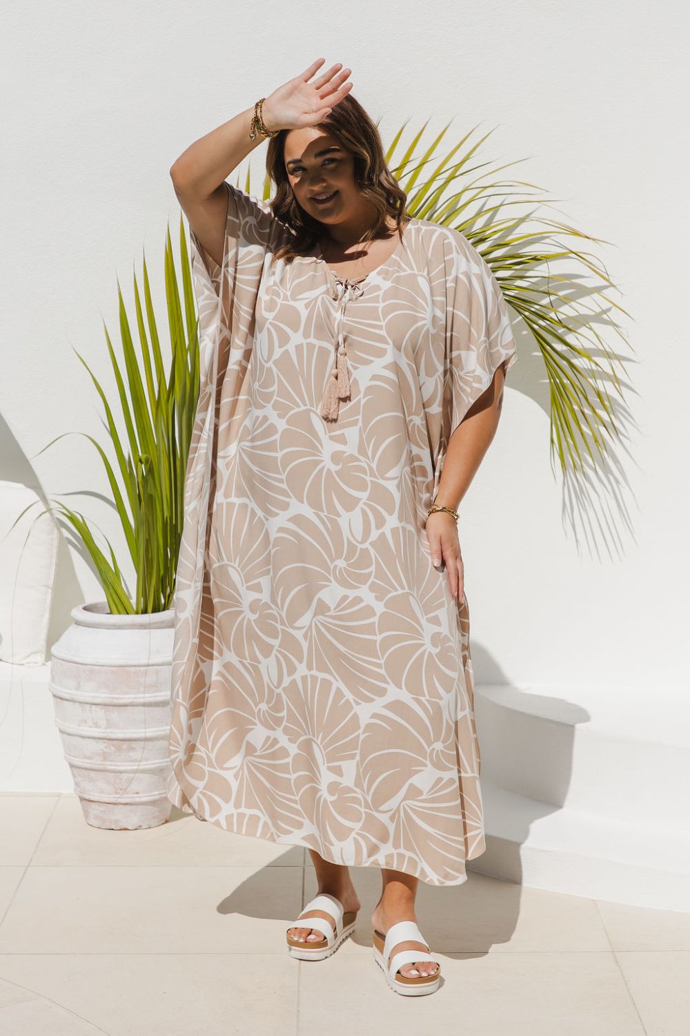 Plus size model wearing Sand and White Shell Maxi Kaftan showing relaxed fit and drape