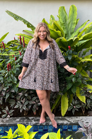 Short Leopard Kaftan Dress with Lace Embellishment - Holley Day