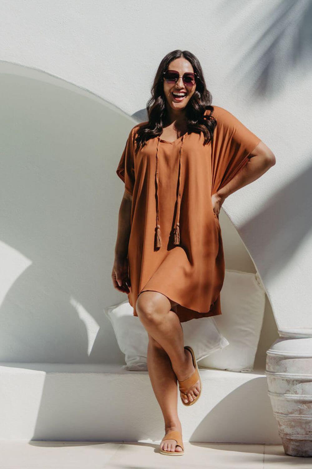 short kaftan dress Balloon Beachwear charmeuse silk features a flirty tie at the V Short Kaftan Dresses for Women