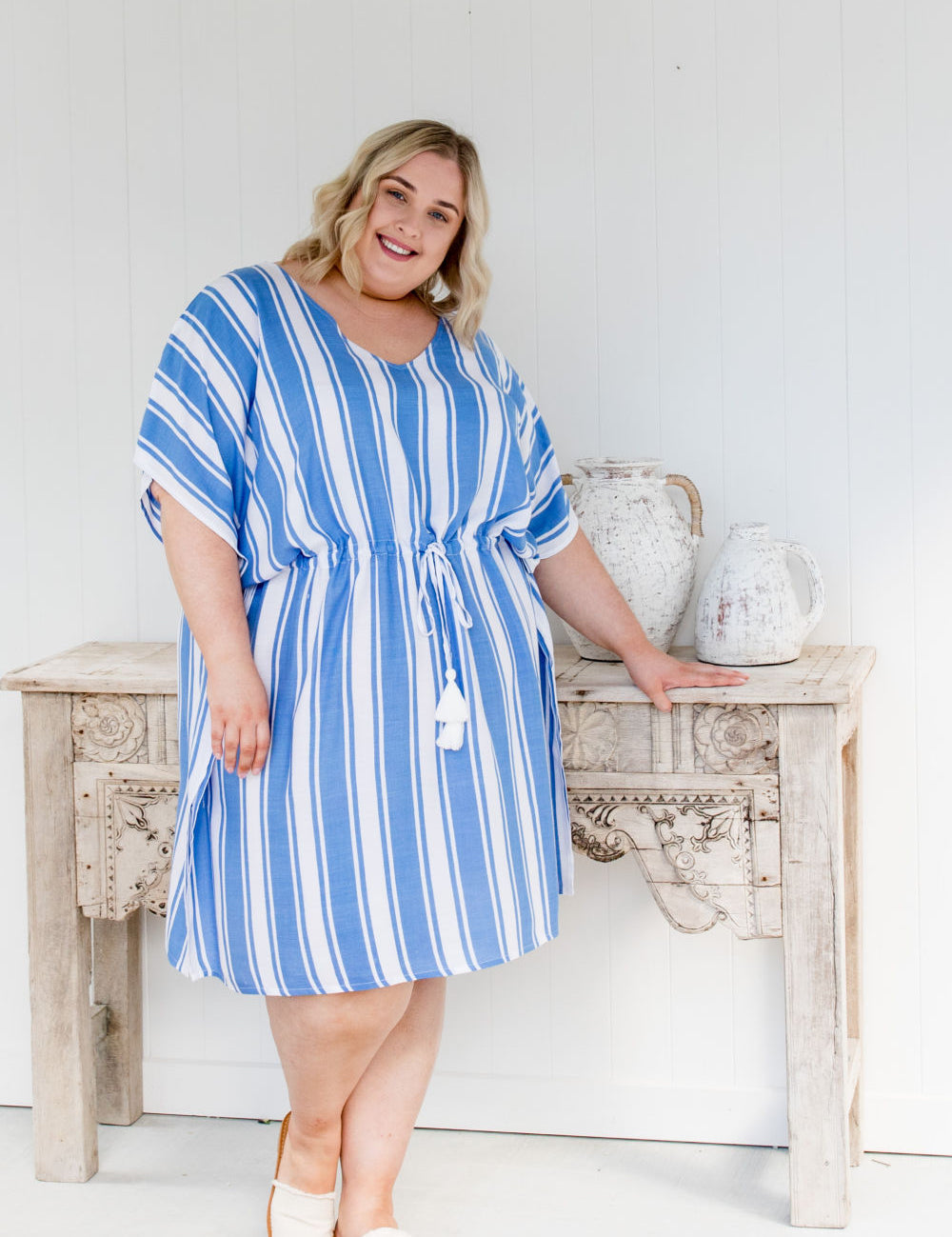    short-kaftan-dress-plus-size-blue-white-stripe