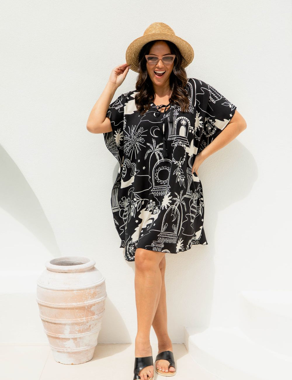 short-kaftan-summer-dress-black-cream-print