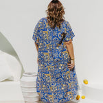 Italian villa resort wear in blue and yellow print lemon design for summer
