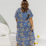 Italian villa resort wear in blue and yellow print lemon design for summer