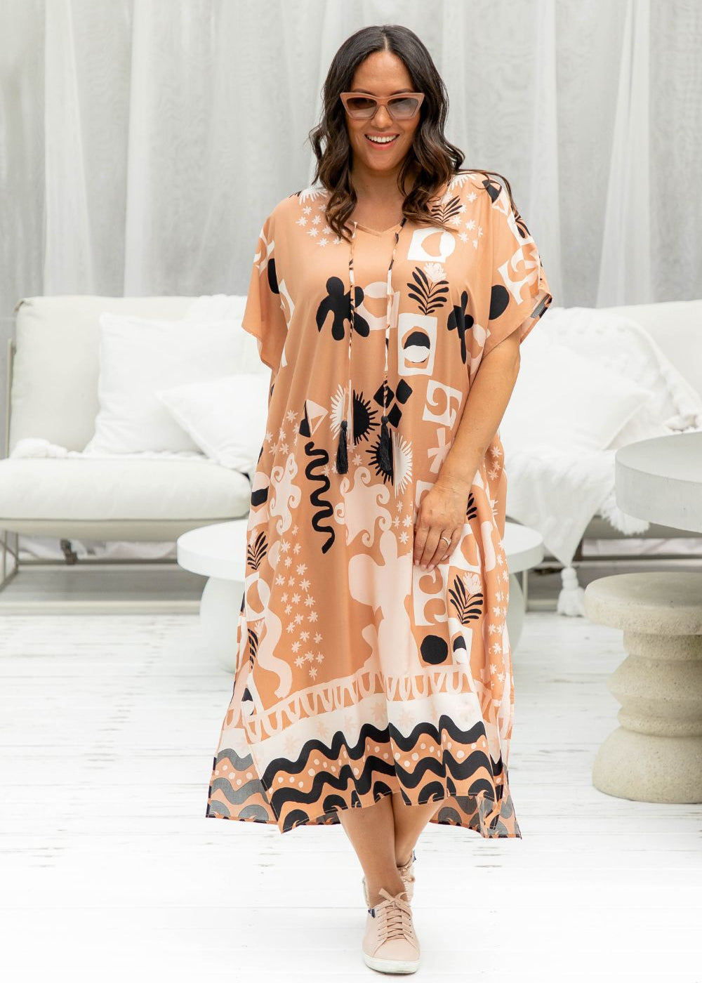 womens-long-kaftan-dress-antique-brass-coffee-foam-black-tropical-print-resort-style