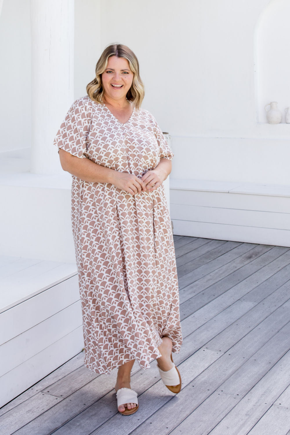 Relaxed Fit Maxi Dress in Soft Mocha Geo - Holley Day