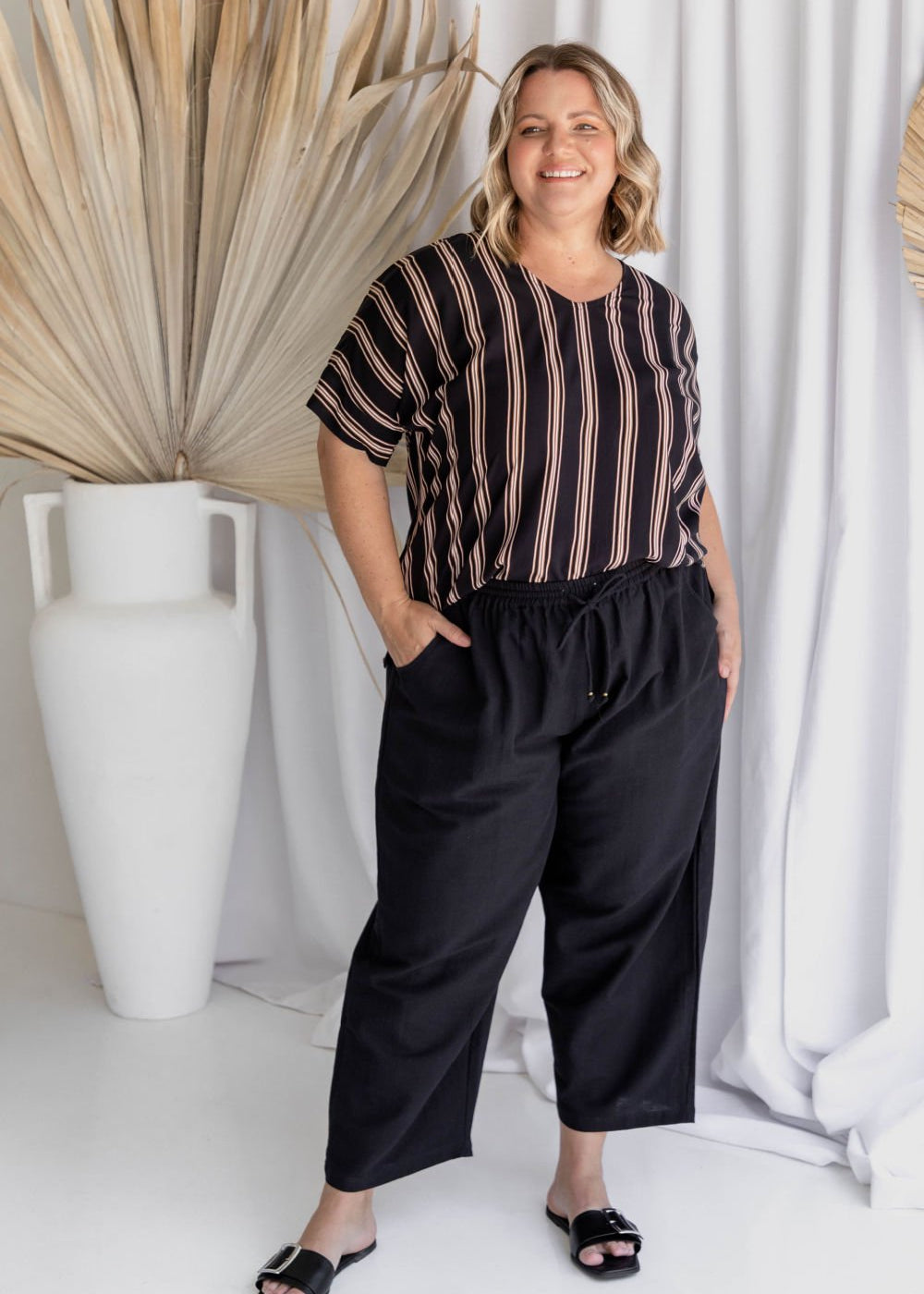 ladies-outfit-set-black-cotton-pants-top-black-cream-brown-stripe