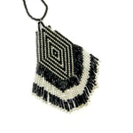 Seed bead pendant necklace - black and silver with tassel fringe