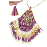 Seed bead pendant necklace - tassel fringe - mauve gold silver