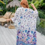 Back view of blue floral maxi kimono jacket showing full-length drape