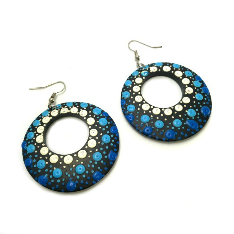 Drop Earrings - hand painted blue white dots - hoops