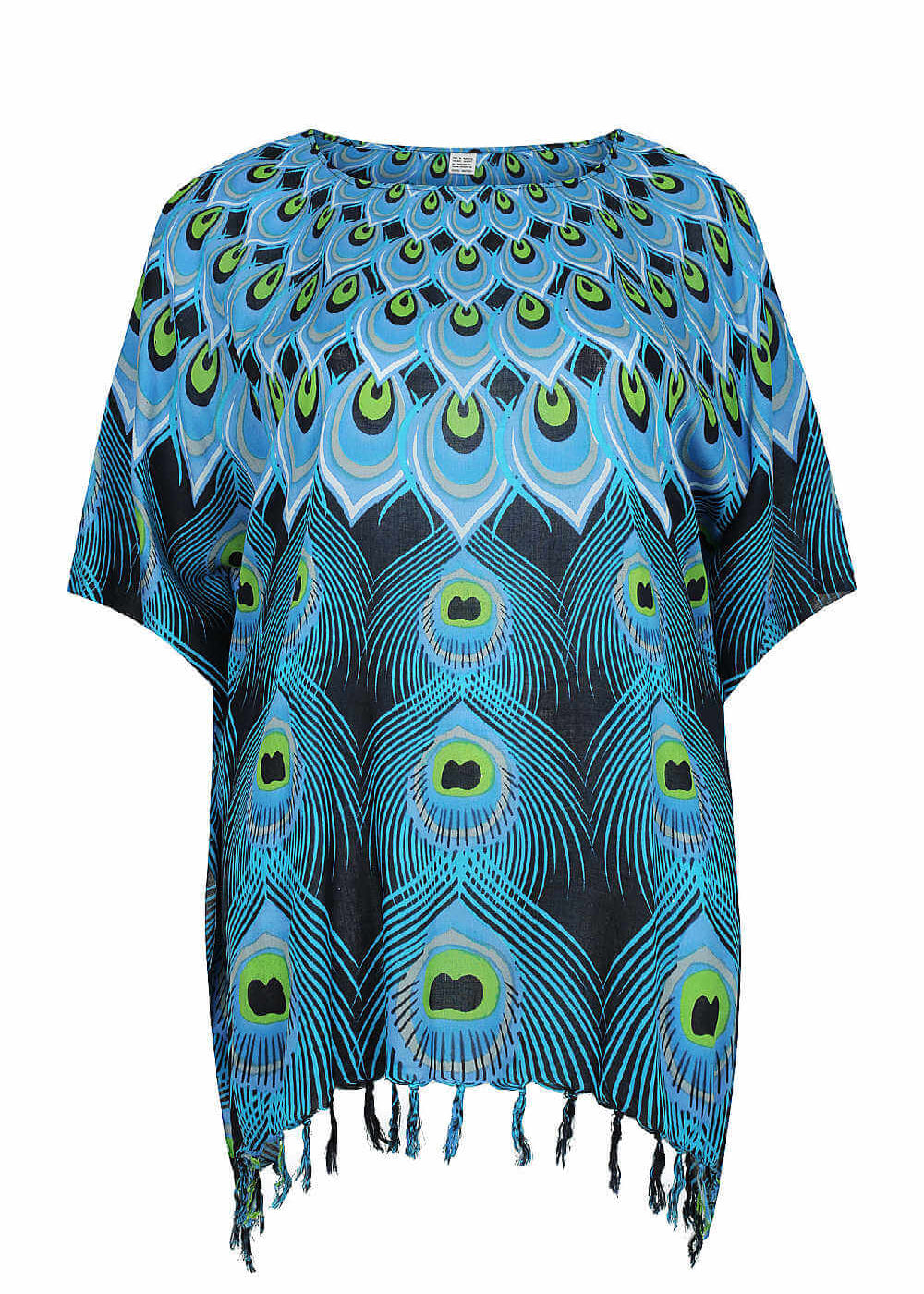 kaftan-top-plus-size-black-blue--lime-green-peacock-feather-design