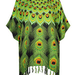 kaftan-top-plus-size-black-lime-green-orange-peacock-feather-design