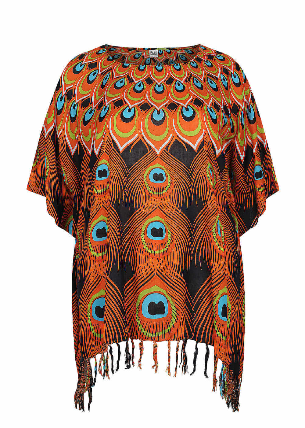 kaftan-top-plus-size-black-orange-blue-peacock-feather-design