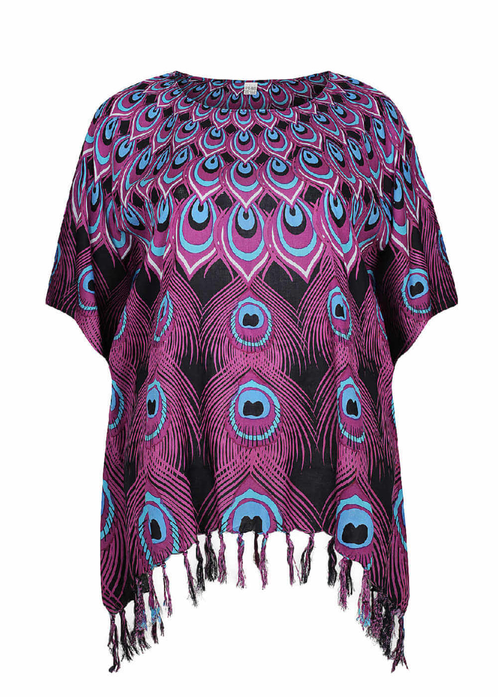 kaftan-top-plus-size-black-purple-blue-peacock-feather-design