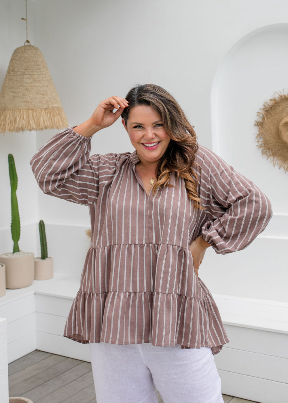 ladies-casual-summer-top-mocha-white-stripe