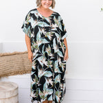    ladies-long-kaftan-dress-resort-style-black-leaf-design