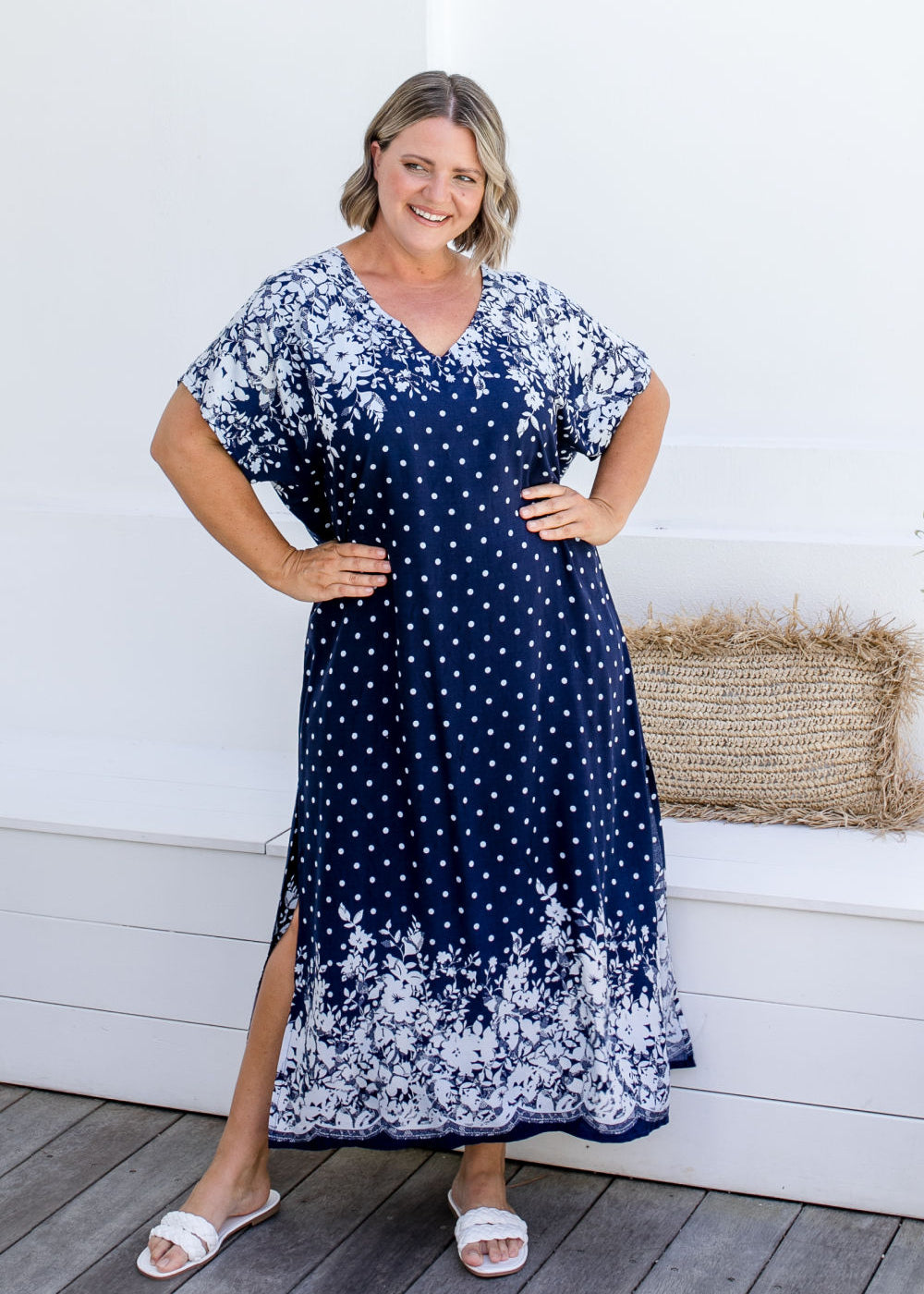 ladies-long-kaftan-dress-resort-style-blue-floral-border-design