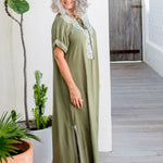     ladies-maxi-kaftan-dress-army-green-white-embroidery