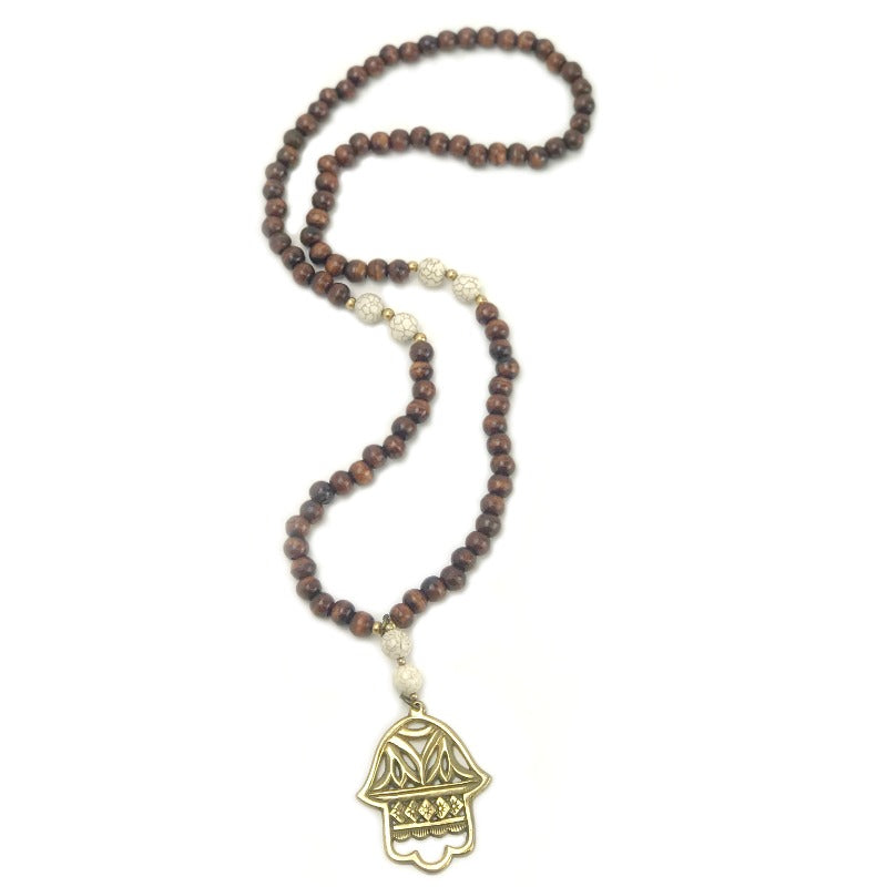 Fatima Hand pendant necklace - brown cream gold beads