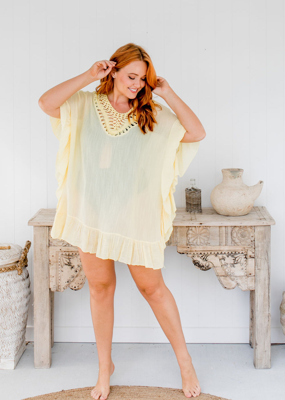    ladies-short-kaftan-dress-lemon-ruffle-crochet-neckline