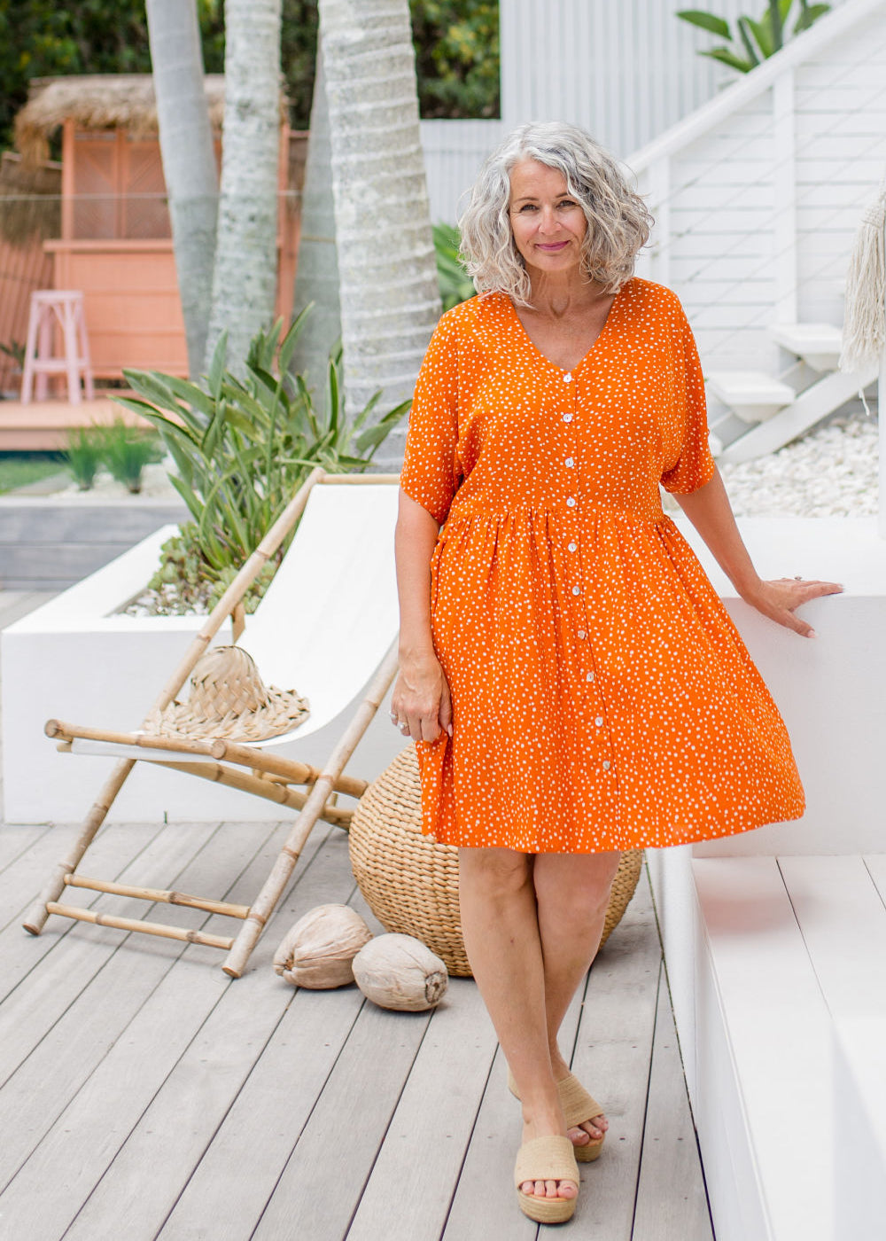 ladies-short-summer-dress-orange-white-polka