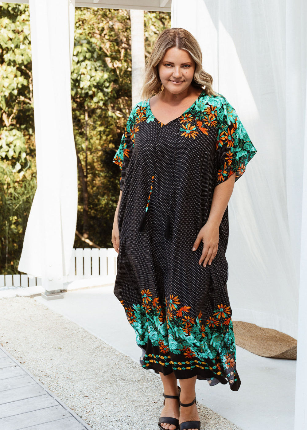 long-kaftan-dress-black-polka-orange-green-floral