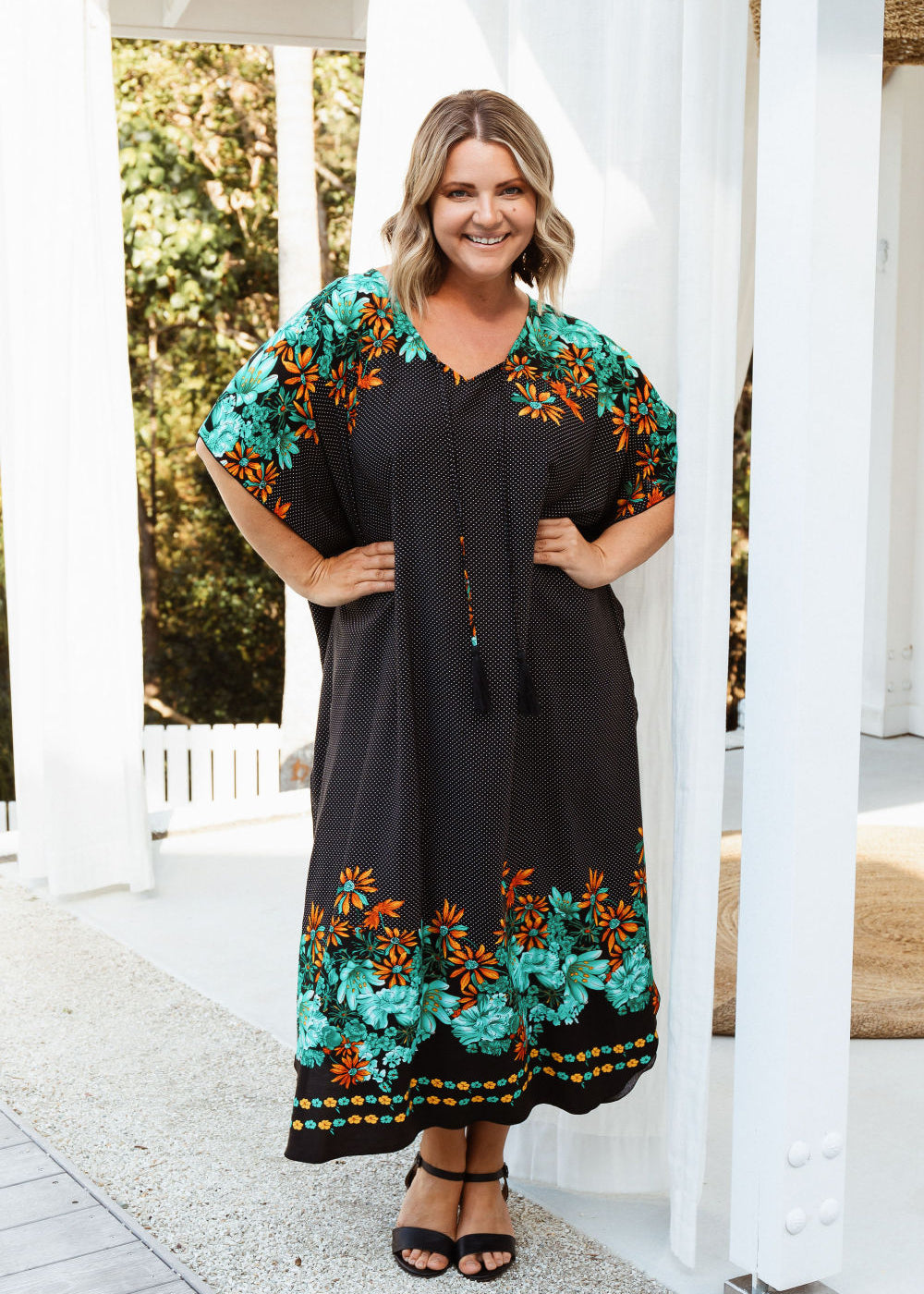    long-plus-size-kaftan-dress-black-polka-orange-green-floral