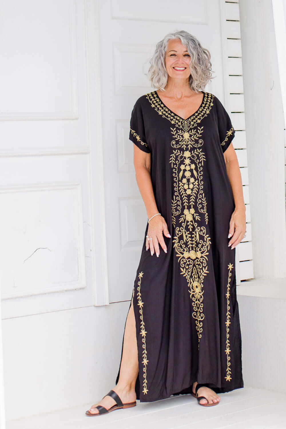 Embroidered Long Black & Gold Summer Dress