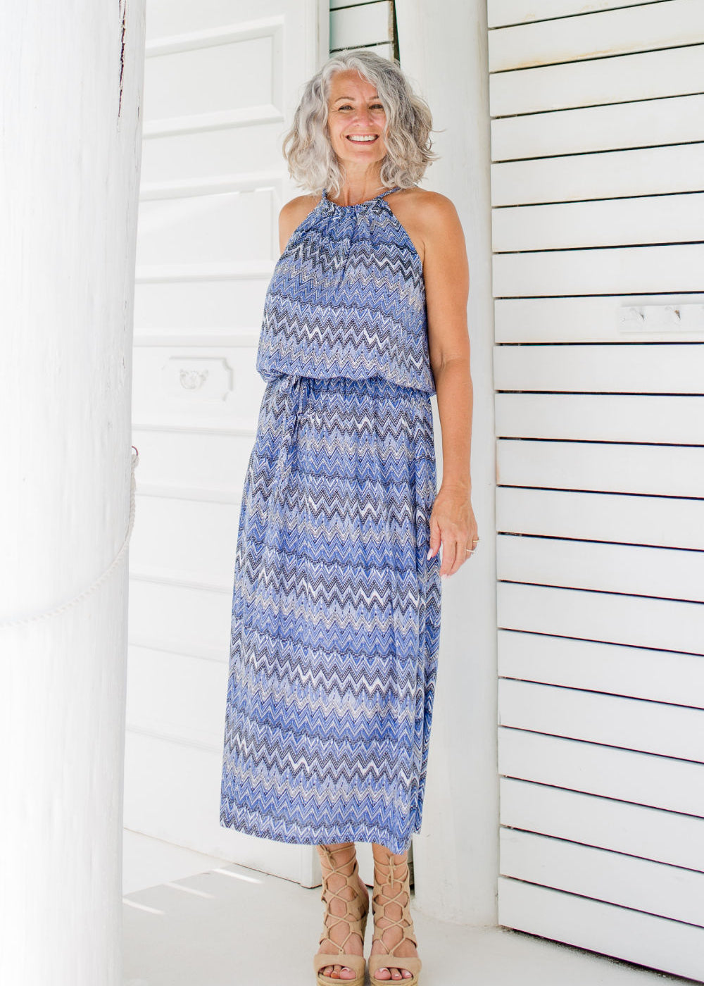 long-summer-dress-halter-blue-white-black-geometric