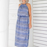 long-summer-dress-halter-blue-white-black-geometric