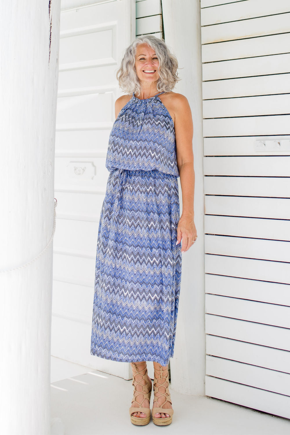 Long Summer Dress in Blue & White Geometric Design - Holley Day