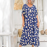 Blaues langes Kaftankleid mit Sonnenblumen