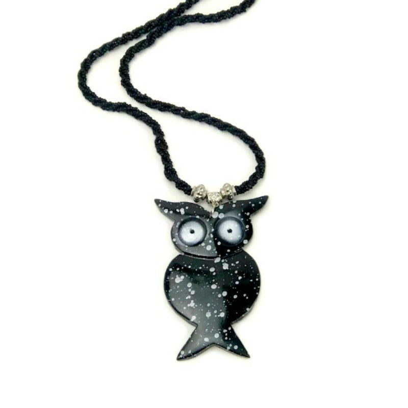 owl pendant necklace - black beaded