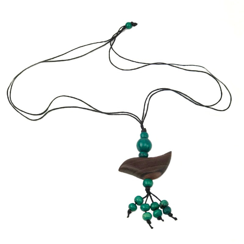 Pendant necklace - bird - emerald green beaded tassel