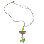Pendant necklace - bird - lime green beaded tassel