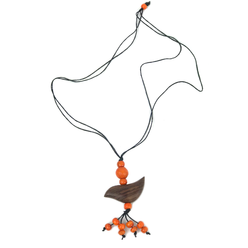 Pendant necklace - bird - orange beaded tassel