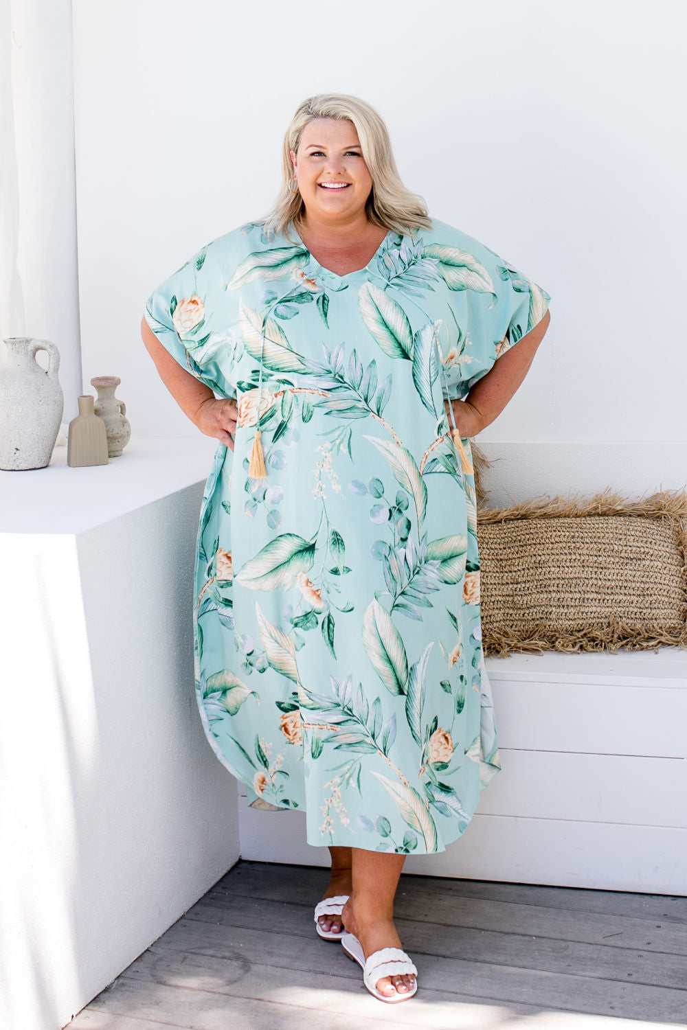 plus-size-summer-kaftan-protea-flower-green-grey-caramel