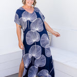    resort-style-maxi-kaftan-dress-blue-white-fan-print