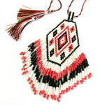 Seed bead pendant necklace - tassel fringe - red white black
